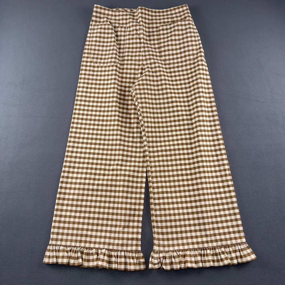 Maeve Colette Ruffled High-Rise Wide-Leg Cropped Pants Gingham Brown 30P